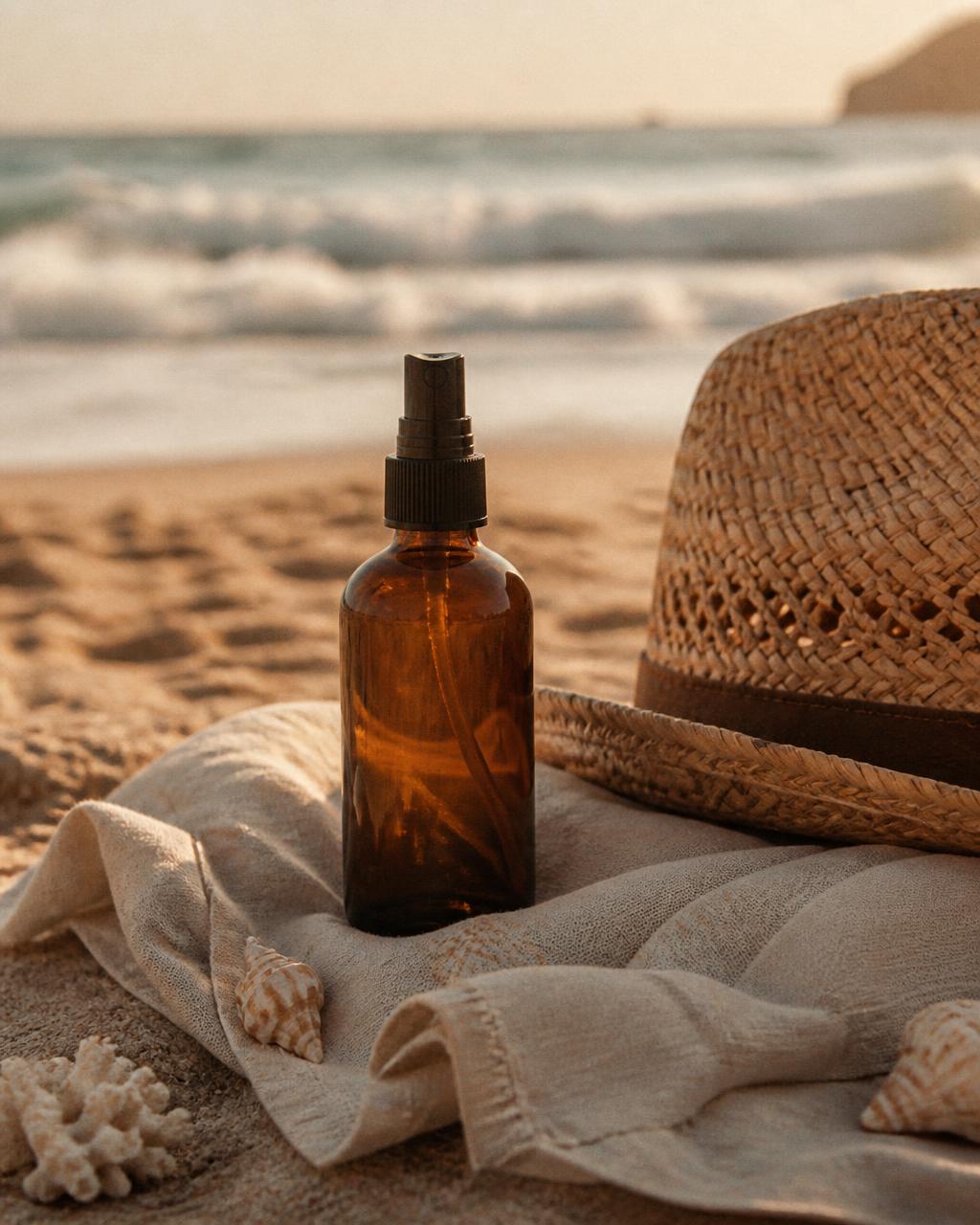 Beachy sunless tan glow — golden vacation bronze at Root & Ritual in Ashland, KY Golden-hour beach scene with an amber sunless tanning mist bottle, straw hat, linen wrap and seashells on warm sand, evoking a beachy vacation tan