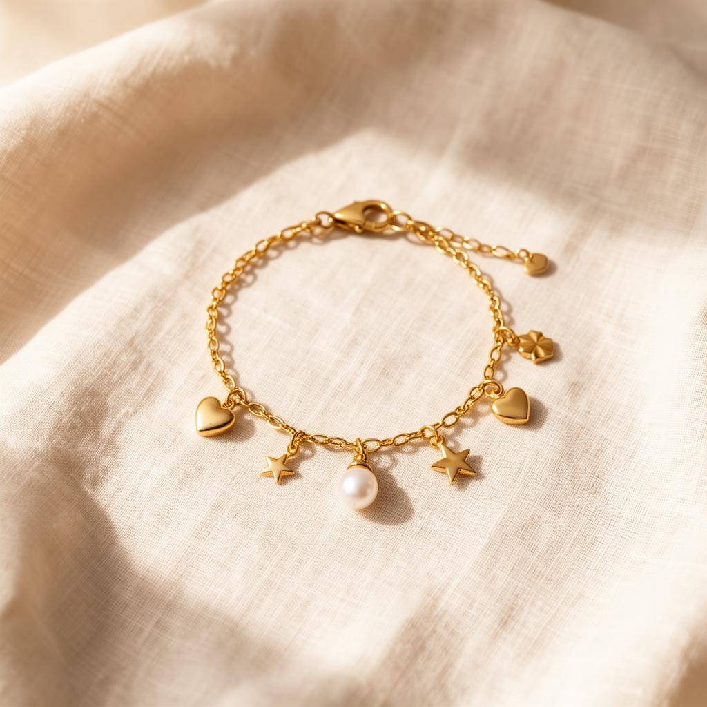 Delicate gold charm bracelet with heart, pearl and star charms