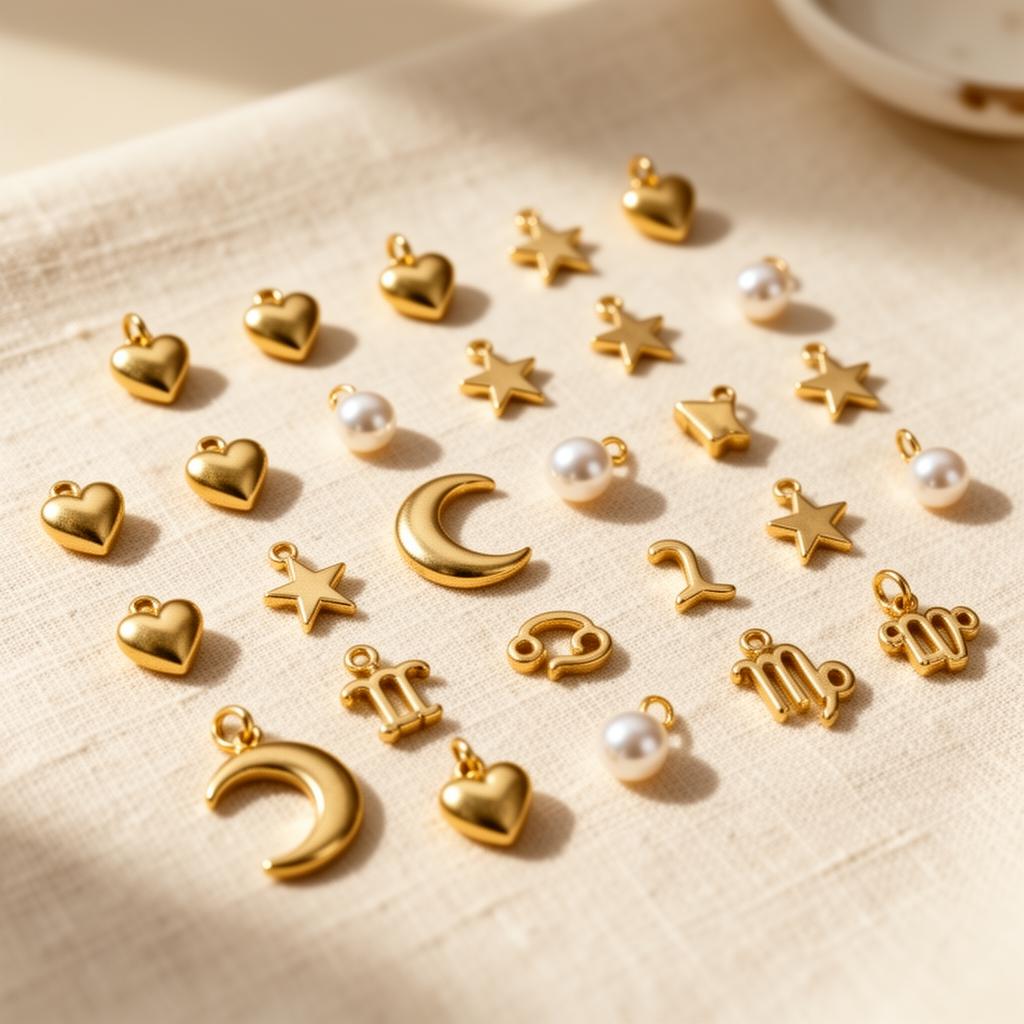 Assorted gold charms — hearts, stars, pearls and zodiac pendants