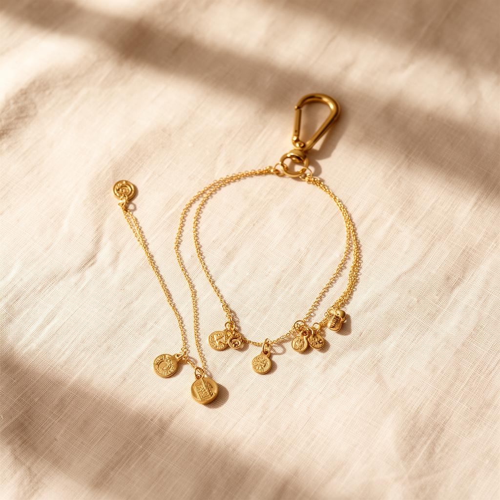 Gold charm necklace with carabiner and interchangeable charms
